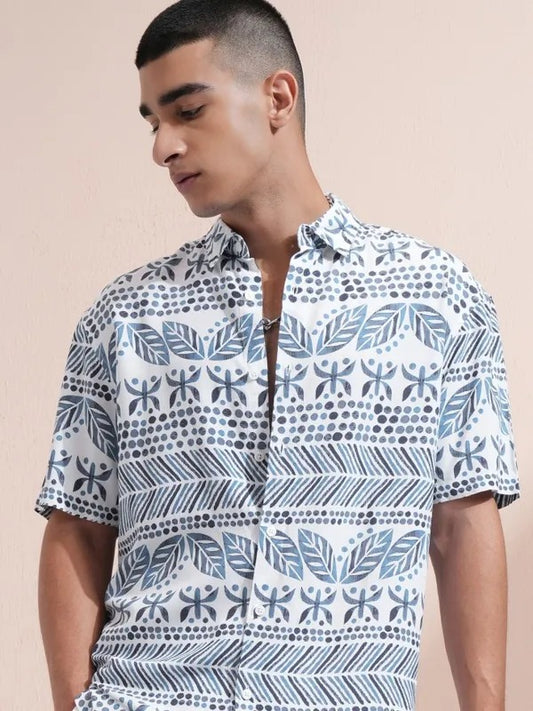 Men White Printed Relaxed Fit Casual Shirt