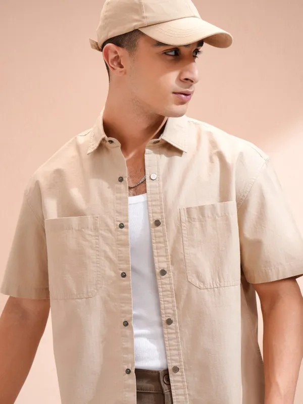 Beige Solid Relaxed Fit Casual Shirt