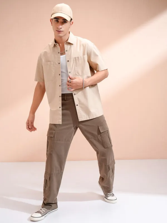 Beige Solid Relaxed Fit Casual Shirt