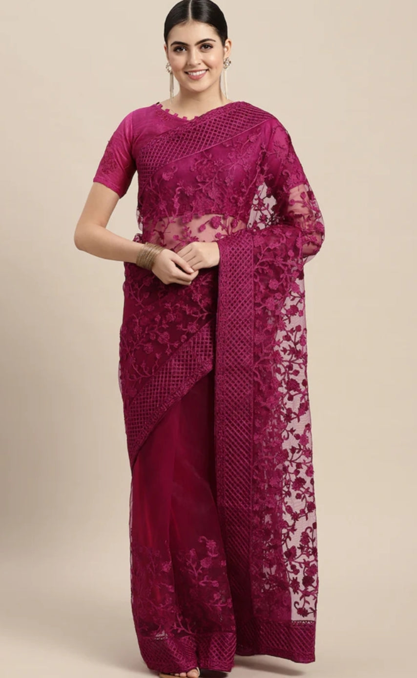 Wine Floral Embroidered Net Saree