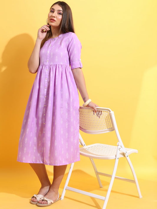 Women Lavender Printed A-Line Dress