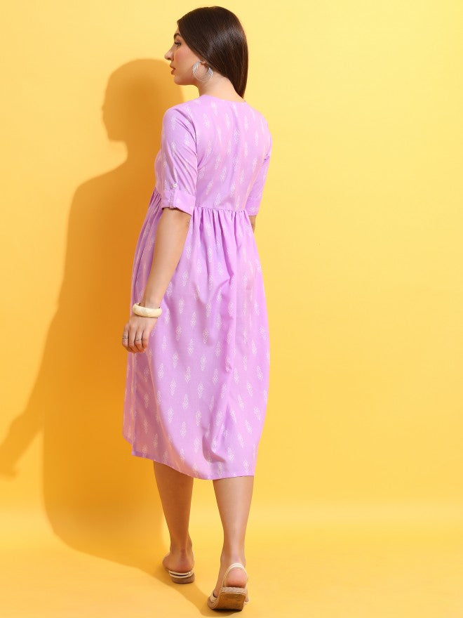 Women Lavender Printed A-Line Dress
