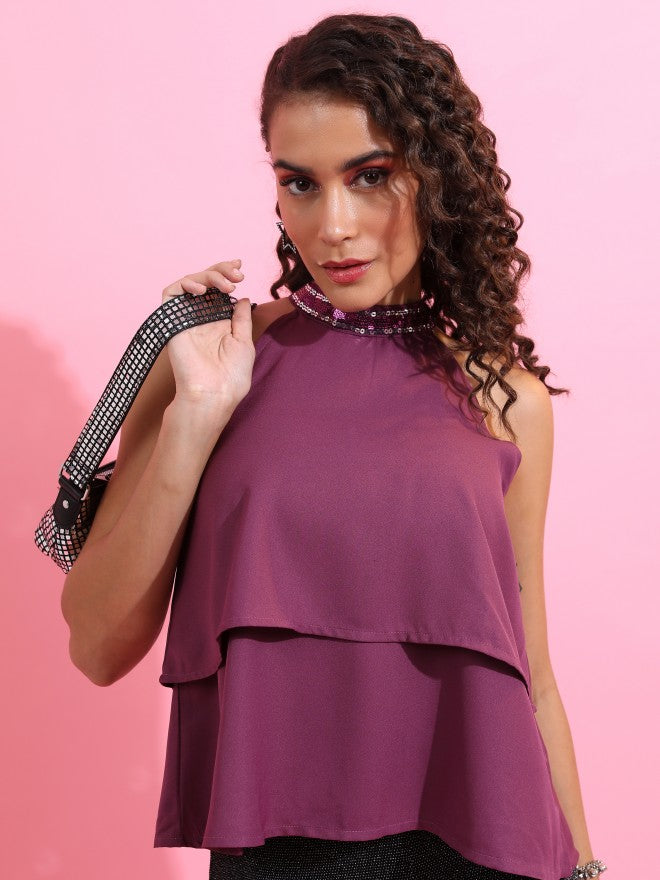 Women Purple Sequin Layered Top