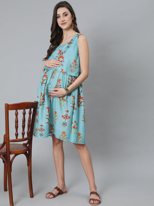 Blue Floral Print Maternity Dress