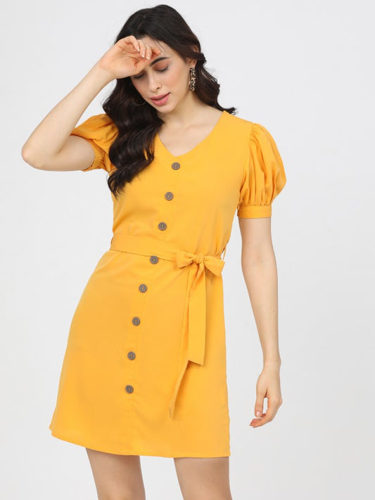 Women Mustard Solid Flared A-Line Dress