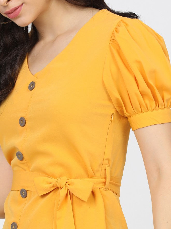 Women Mustard Solid Flared A-Line Dress