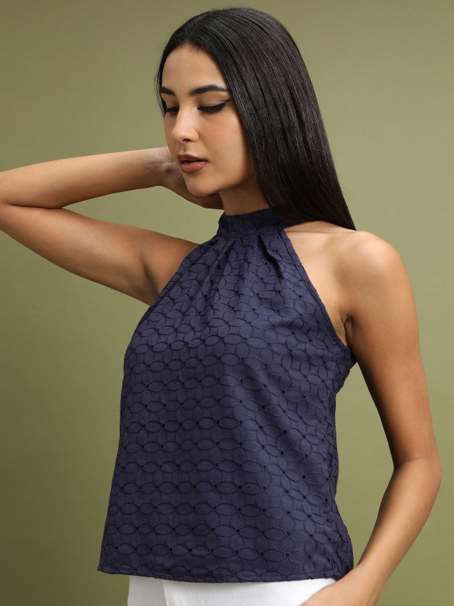 Women Navy Blue Solid Regular Top