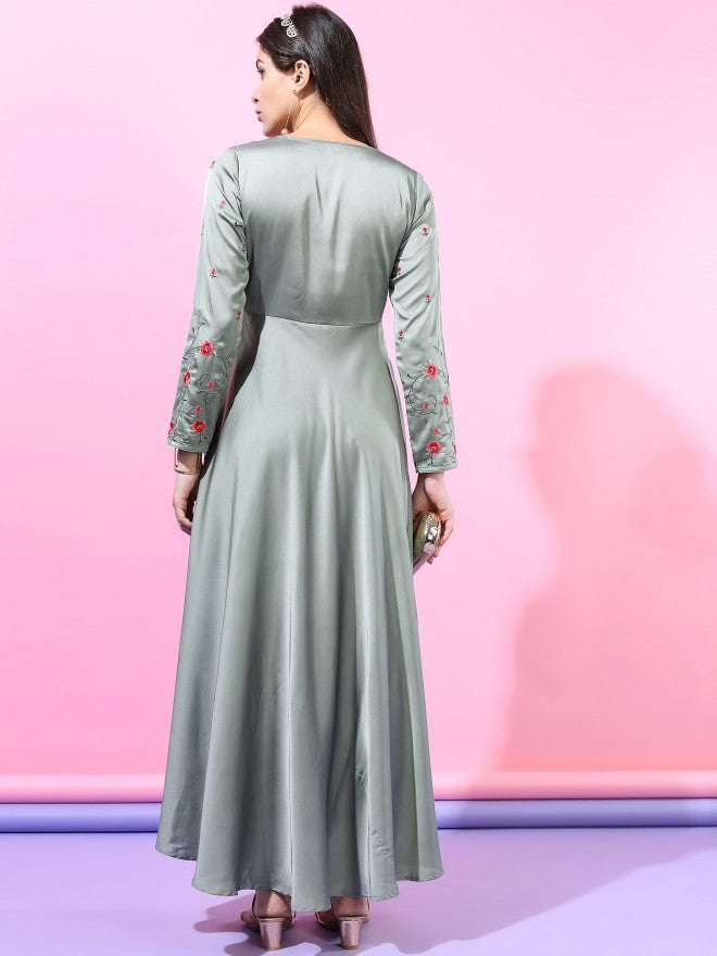 Women Grey Self Design A-Line Maxi Dress