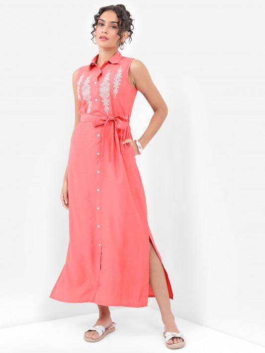 Women Coral Embroidered Maxi Dress