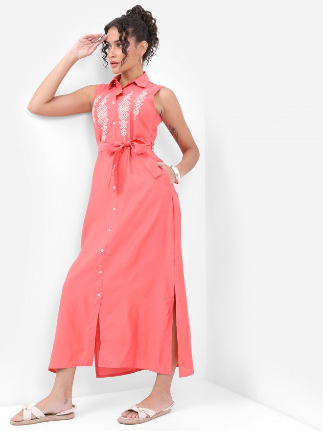 Women Coral Embroidered Maxi Dress