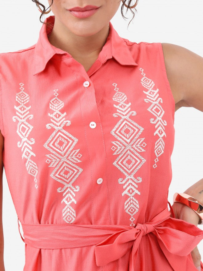 Women Coral Embroidered Maxi Dress