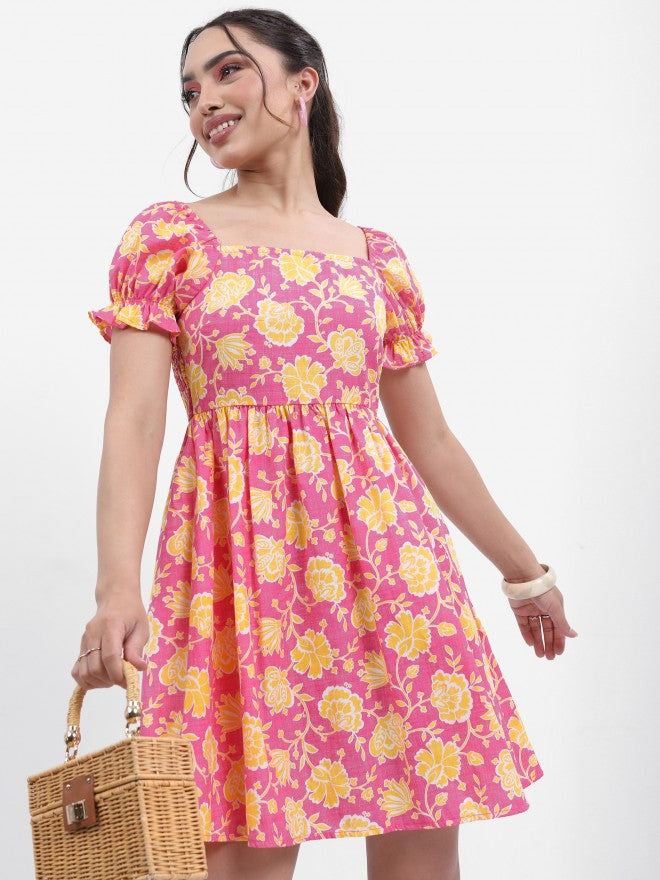 Women Pink Printed Fit and Flare Dress