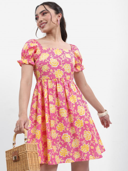 Women Pink Printed Fit and Flare Dress