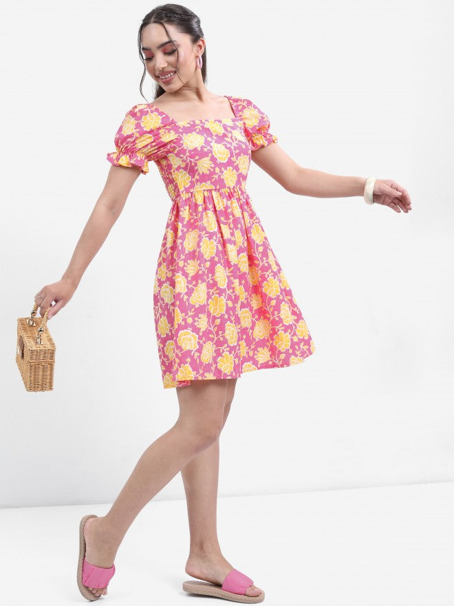 Women Pink Printed Fit and Flare Dress