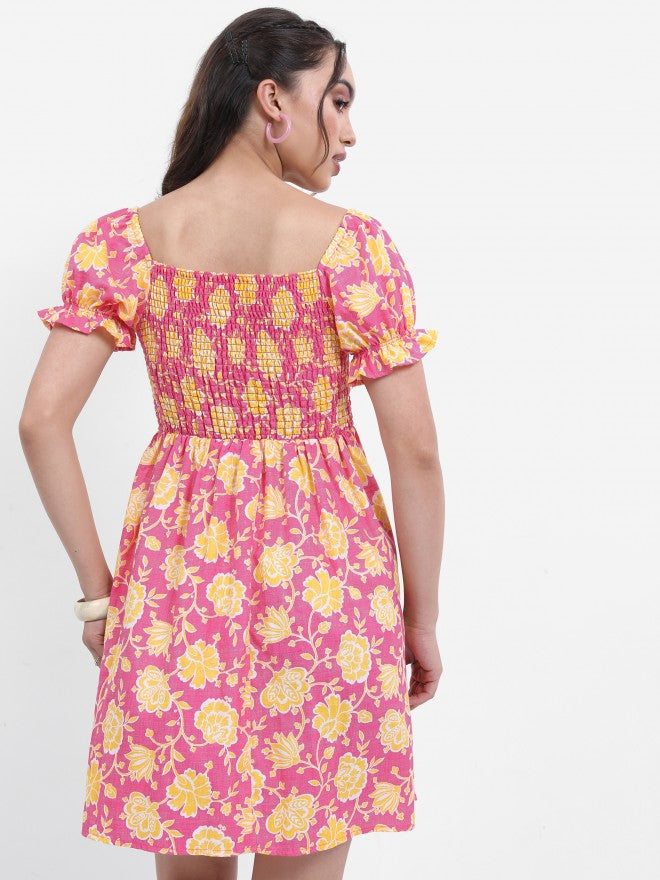Women Pink Printed Fit and Flare Dress