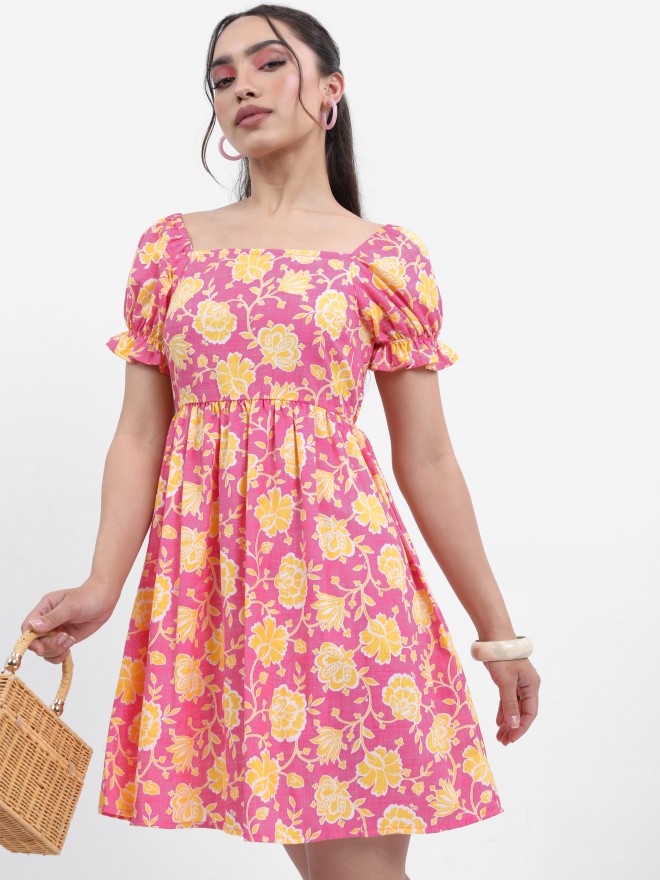 Women Pink Printed Fit and Flare Dress