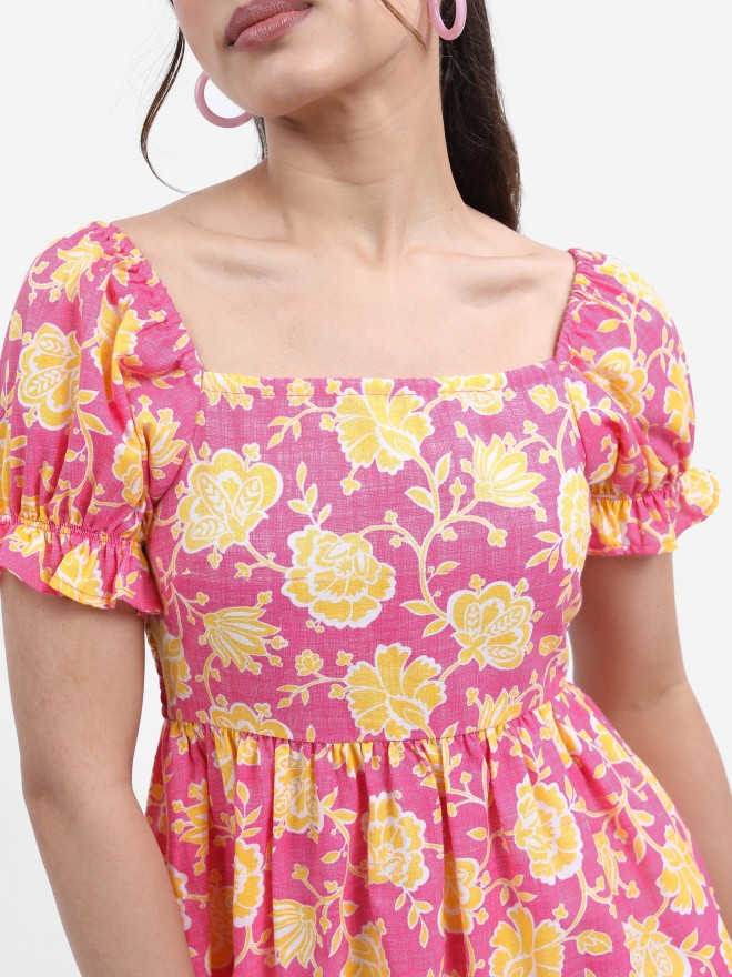 Women Pink Printed Fit and Flare Dress