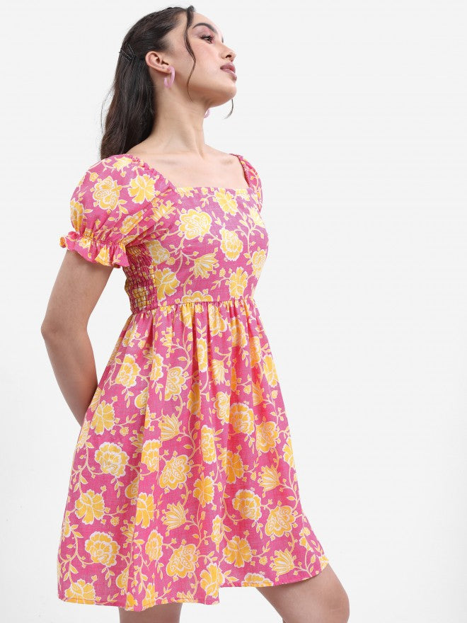 Women Pink Printed Fit and Flare Dress