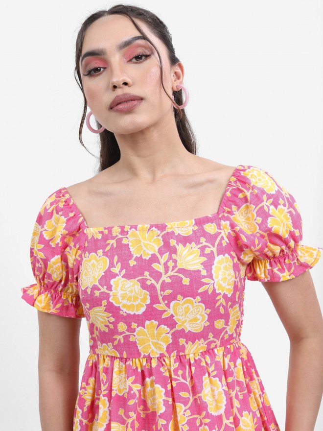 Women Pink Printed Fit and Flare Dress