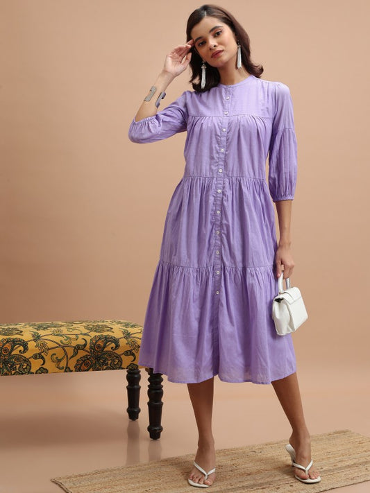 Women Lavender Self Design Fit and Flare Dress