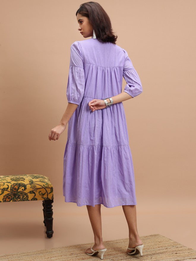Women Lavender Self Design Fit and Flare Dress