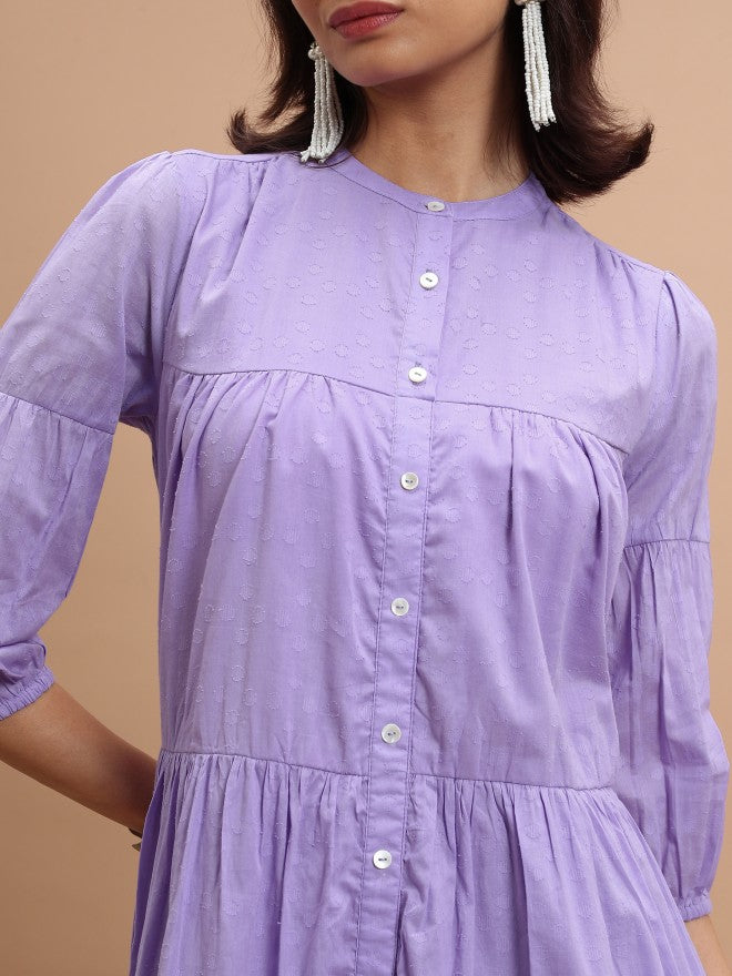 Women Lavender Self Design Fit and Flare Dress