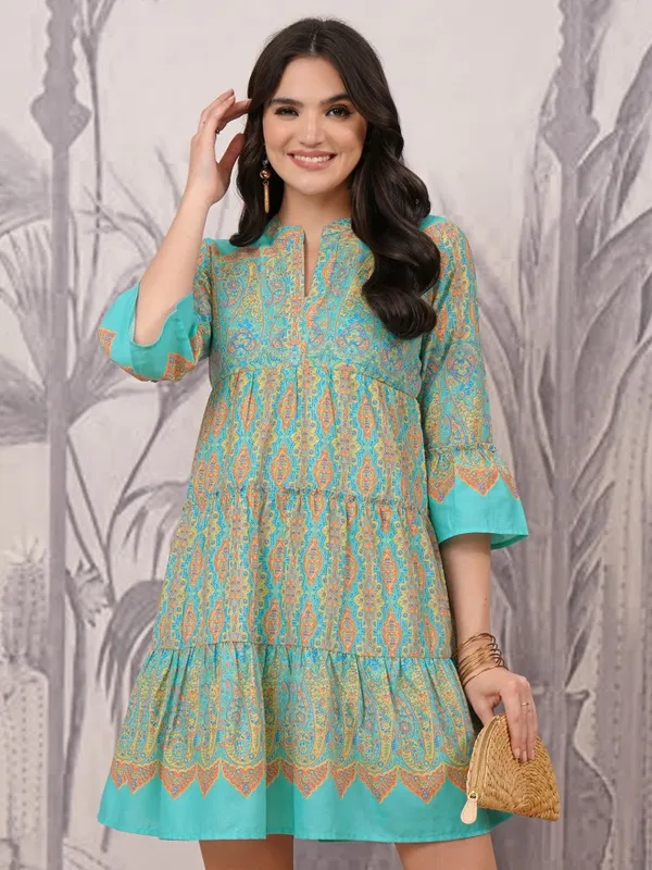 Aqua Blue  Printed A-Line Dress