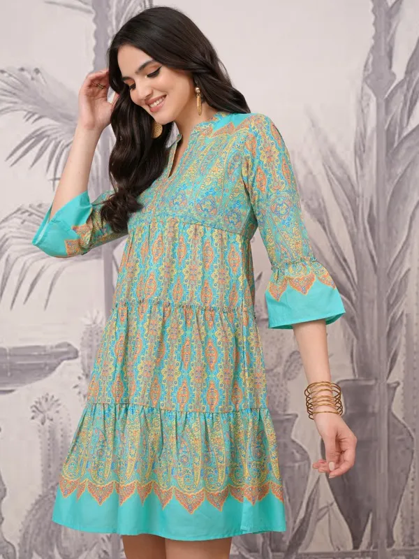 Aqua Blue  Printed A-Line Dress