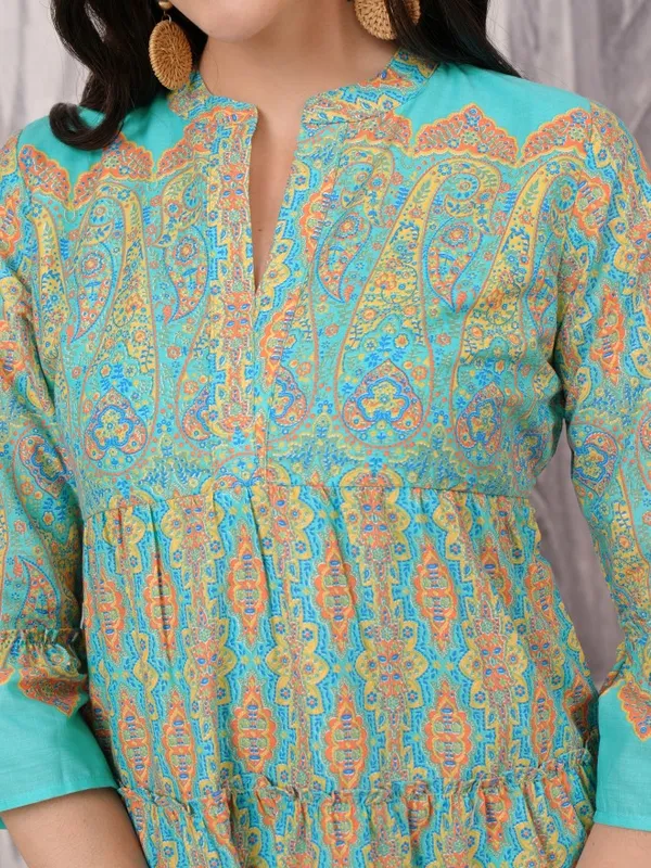 Aqua Blue  Printed A-Line Dress