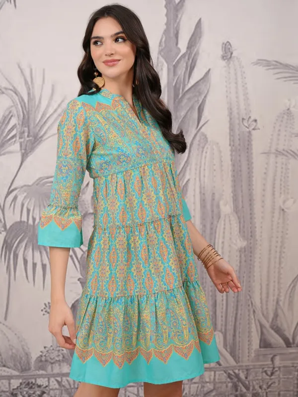 Aqua Blue  Printed A-Line Dress
