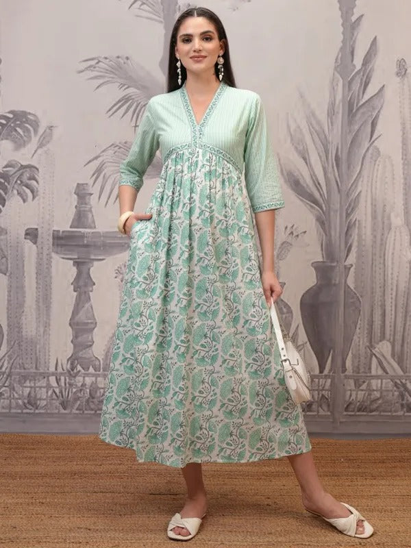 Teal  Printed A-Line Dress