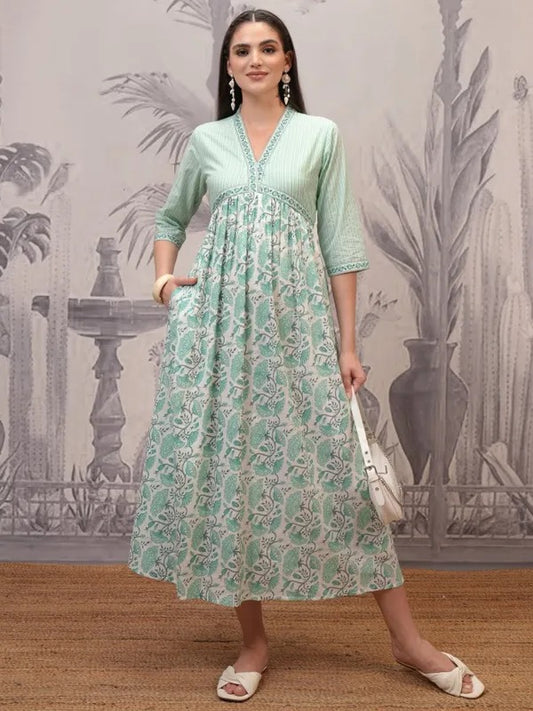 Teal  Printed A-Line Dress
