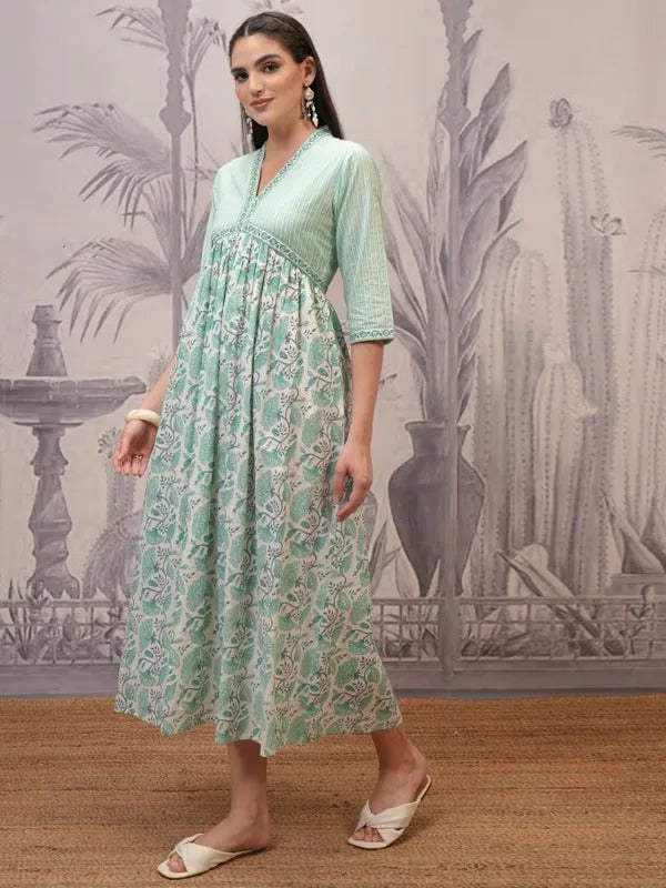 Teal  Printed A-Line Dress