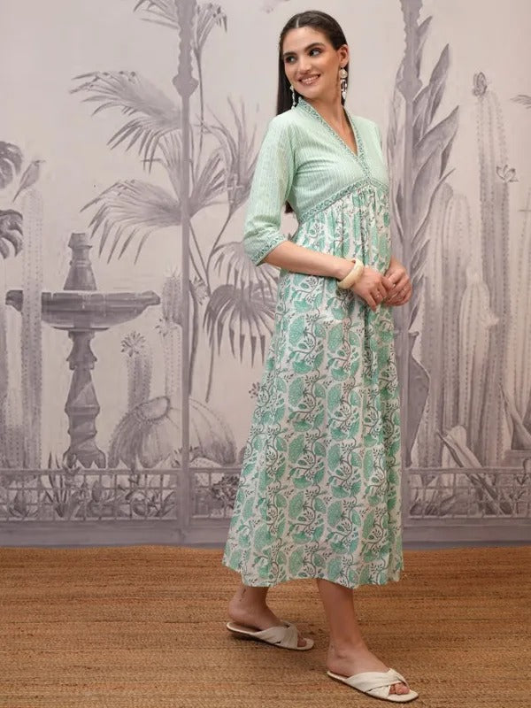 Teal  Printed A-Line Dress