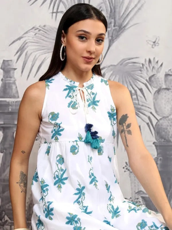 White/Blue Printed Fit and Flare Dress