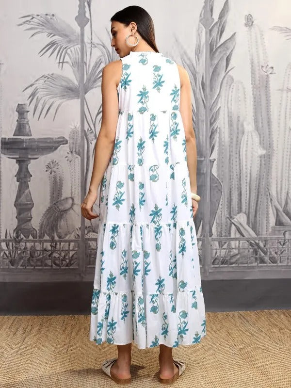 White/Blue Printed Fit and Flare Dress