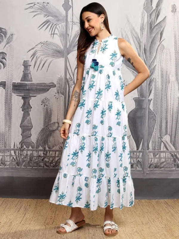 White/Blue Printed Fit and Flare Dress