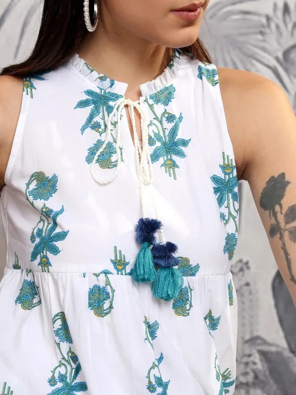 White/Blue Printed Fit and Flare Dress
