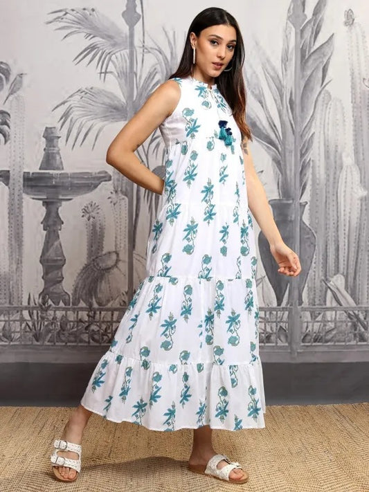 White/Blue Printed Fit and Flare Dress