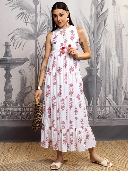 White/Coral Printed Fit and Flare Dress