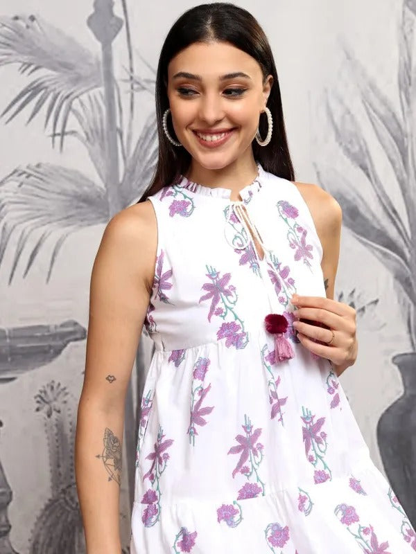 White/Mauve Printed Fit and Flare Dress