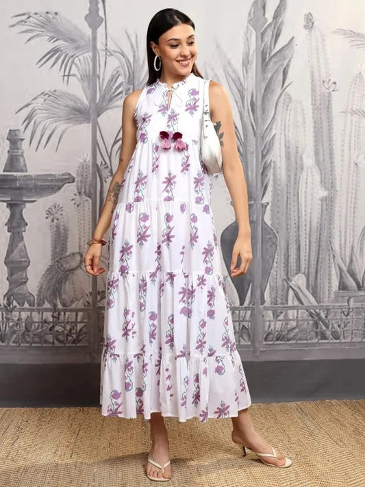 White/Mauve Printed Fit and Flare Dress