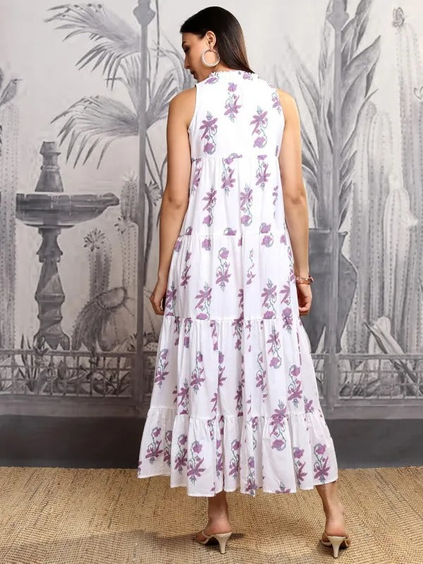 White/Mauve Printed Fit and Flare Dress