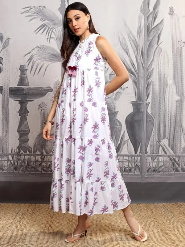 White/Mauve Printed Fit and Flare Dress