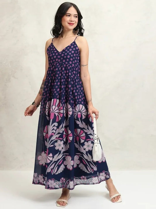 Navy Blue Printed Fit and Flare Dress