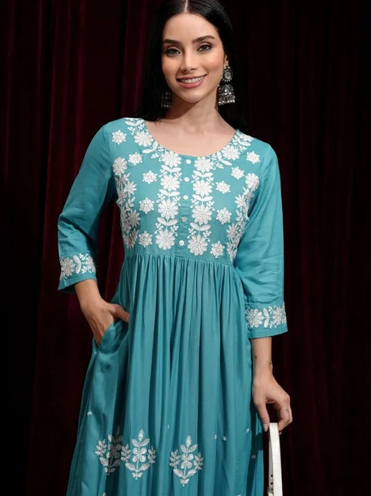 Aqua Lucknowi Printed Fit and Flare Dress
