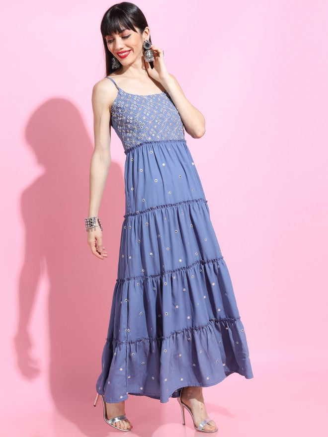 Women Blue Printed Flared Maxi Dress With Dupatta