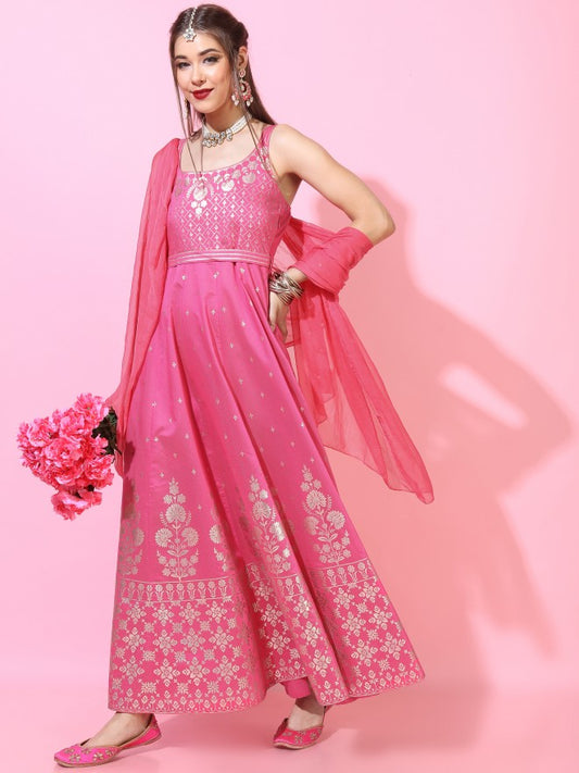 Women Pink Printed A-Line Ethnic Dress