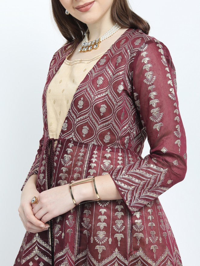 Women Maroon Printed Curved A-Line Dress With Jacket