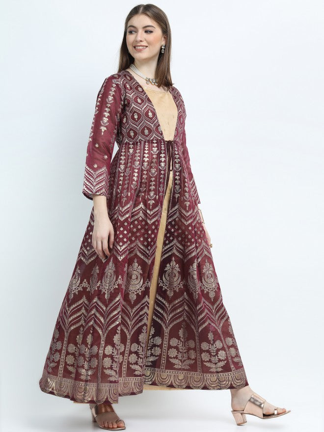 Women Maroon Printed Curved A-Line Dress With Jacket